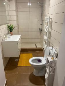 a bathroom with a white toilet and a sink at Bella Apartament in Constanţa
