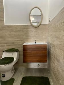 La salle de bains est pourvue de toilettes, d'un lavabo et d'un miroir. dans l'établissement Departamento familiar & empresarial, à Machala