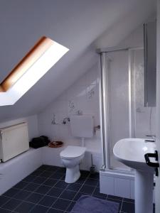 a bathroom with a white toilet and a sink at Casa Blanca in Niestetal