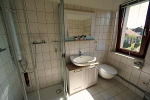 uma casa de banho com um lavatório, um chuveiro e um WC. em Ferienwohnung mit Seeblick und Strand em Zislow