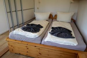 2 Betten mit Kissen auf einem Zimmer in der Unterkunft Ferienwohnung mit Seeblick und Strand in Zislow