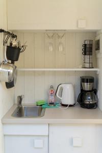 a kitchen counter with a sink and a toaster at Jaukus mikro namas Svencelėje in Svenele