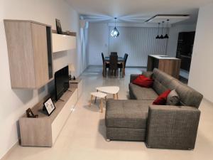 a dog laying on a couch in a living room at Modern, Spacious, 3 Bedroom Apartment near Malta International Airport in Luqa