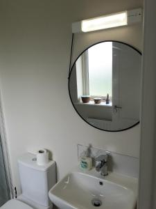 a bathroom with a white toilet and a mirror at Ensuite at the foot of Dublin Mountains in Dublin