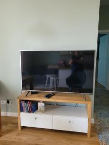 einen Flachbild-TV auf einem Fernsehstand in der Unterkunft Elegancki Apartament in Puławy