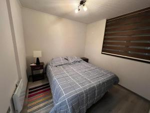 um quarto com uma cama e um candeeiro em Departamento amoblado Chillán Centro em Chillán