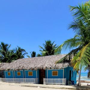 una cabaña azul en la playa con palmeras en La Casita de Mary en Santa Cruz de Barahona