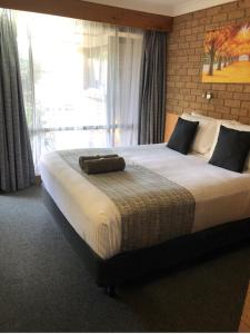 a hotel room with a bed with a suitcase on it at Muswellbrook Motor Inn in Muswellbrook