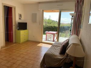 Televízia a/alebo spoločenská miestnosť v ubytovaní T2 en rez-de-jardin avec terrasse au Rayol-Canadel - FR-1-100-283