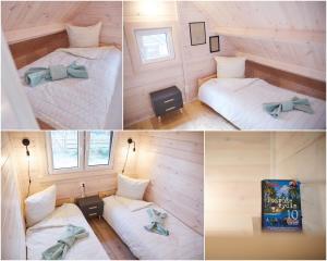 three pictures of a room with two twin beds at Lesne Runo Borsk in Borsk