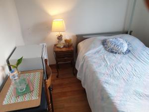 sypialnia z łóżkiem i stołem z lampą w obiekcie villa des clématites w mieście Dainville