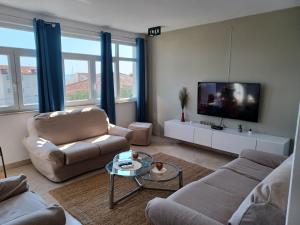 a living room with a couch and a tv at Apartments Andrea in Jesenice