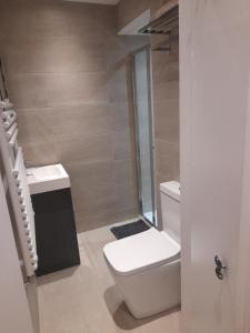 a bathroom with a toilet and a sink at Lovely Home with full en-suite double bed rooms in Reading