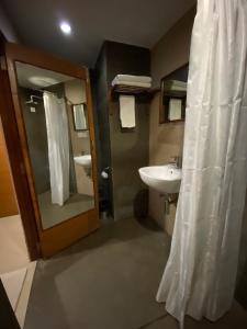 uma casa de banho com um lavatório e uma cortina de chuveiro em Wild Orchid em Ilha Havelock