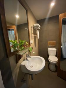 y baño con lavabo, aseo y espejo. en Wild Orchid en Havelock Island