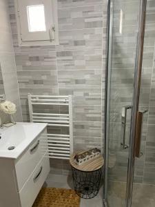 La salle de bains est pourvue d'une douche et d'un lavabo. dans l'établissement App T2 a Montpellier, à Montpellier