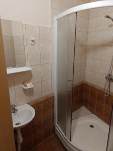 uma casa de banho com um chuveiro e um lavatório. em Trevena Kretinga em Kretinga