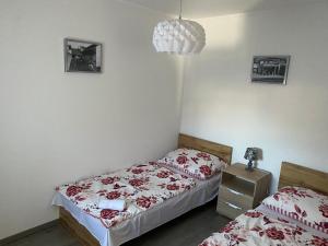 a bedroom with two beds and a pendant light at KLAPKA PROVANCE APARTMAN in Kaposvár