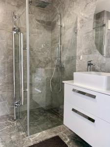 a bathroom with a sink and a shower at Apartament Osada Cetniewo - Władysławowo in Władysławowo
