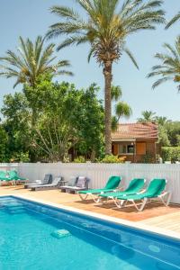 a pool with chaise lounge chairs and palm trees at Naomi's place הבית של נעמי in Moshav Ramot