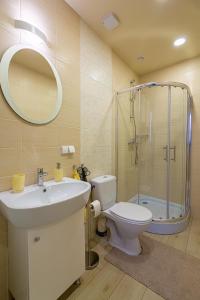 a bathroom with a toilet and a sink and a shower at LIUX apartamentai in Kaunas