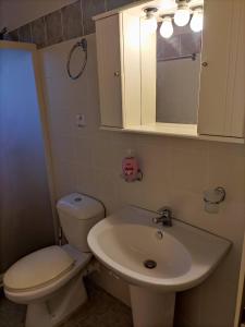 a bathroom with a toilet and a sink and a mirror at ROMVI VILLAGE in Amaliás