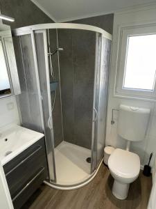 a bathroom with a shower with a toilet and a sink at Beach Chalet in Scharbeutz