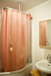 y baño con cortina de ducha y lavamanos. en Cozy 1 Bedroom Home near the City Centre, en Edimburgo