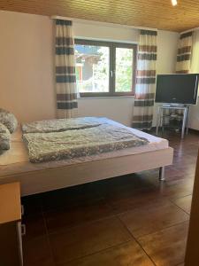 a bed in a room with a window and a television at Ferienhaus Samy in Feldberg