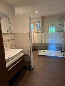 uma casa de banho com uma banheira, um lavatório e um chuveiro em Ferienhaus Samy em Feldberg