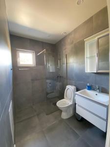 a bathroom with a toilet and a sink and a shower at Solberga lägenhetshotell in Köpingsvik +50 photos
