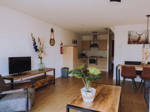 een woonkamer met een bank en een tafel bij Holiday Home De Meerparel-1 by Interhome in Uitgeest