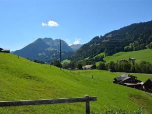 una verde collina con recinzione in legno e montagne di Apartment Arduus by Interhome a Gstaad