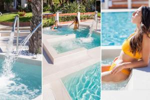 un collage di tre foto di una ragazza in piscina di Diano Sporting Apartments a Diano Marina