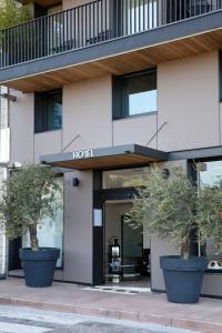 a hotel with two potted trees in front of it at Hotel Alcyon in Porto-Vecchio