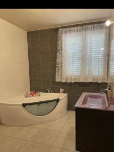 a bathroom with a bath tub and a sink at Au pied de Lascaux in Montignac