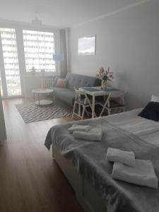 - un salon avec deux lits et un canapé dans l'établissement Przytulny apartament blisko morza, à Gdańsk