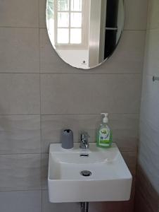 ザキントスにあるTsagaropoulou Apartmentのバスルーム(白い洗面台、鏡付)