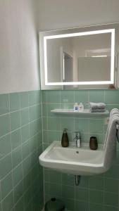 Baño verde con lavabo y espejo en Apartment nähe Ettlingen - 15 min zur Messe Karlsruhe en Malsch