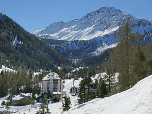 eine Skihütte im Schnee mit einem Berg in der Unterkunft Apartment Mont Fort 35 by Interhome in Siviez