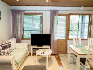 een woonkamer met een bank en een tv bij Holiday Home Alppitalo vihertähti 5 apt 2 by Interhome in Tahkovuori
