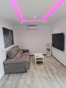 ein Wohnzimmer mit einem Sofa und einem Flachbild-TV in der Unterkunft Apartamento Luxury Suite Huelva Zona Centro in Huelva