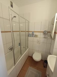 W łazience znajduje się prysznic, toaleta i umywalka. w obiekcie Quirin w mieście Neuss