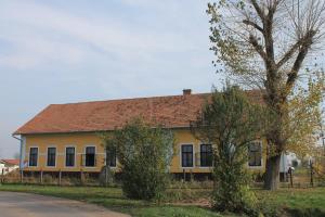 a yellow house with a brown roof and a tree at Peregi Vendégház in Mezőhegyes