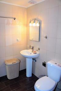 a bathroom with a sink and a toilet and a mirror at Olive Tree Hillside Apartment in Stalos