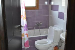 a bathroom with a toilet and a shower curtain at Ksamil Apartments in Ksamil
