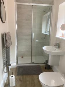 a bathroom with a shower and a toilet and a sink at Mill Meadows in Portskewett