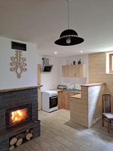 a living room with a fireplace in a kitchen at Willa Ciupaga in Kościelisko