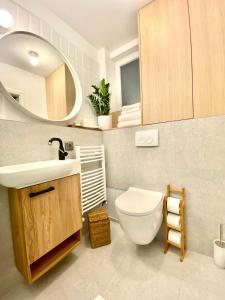 a bathroom with a toilet and a sink and a mirror at JAY's Park Place in Cluj-Napoca