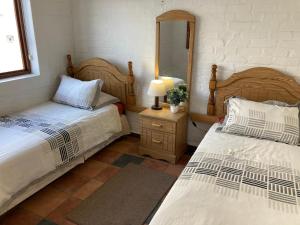 1 Schlafzimmer mit 2 Einzelbetten und einem Spiegel in der Unterkunft Net Net Holiday Home in Witsand